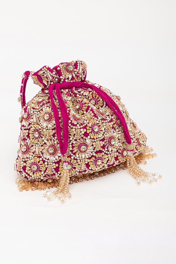 Purple Velvet Pearl Hand Embroidered Potli Bag by EENA at Pernia's Pop Up Shop