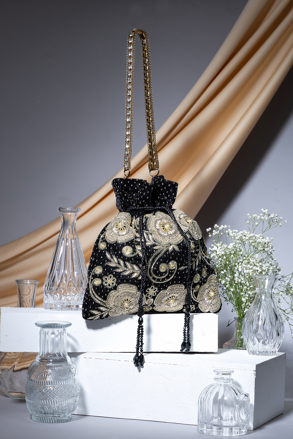 Black Velvet Zardosi Hand Embroidered Potli Bag by EENA at Pernia's Pop Up Shop