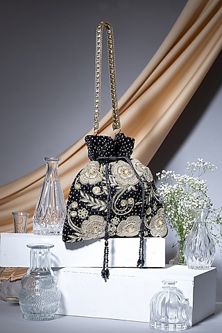 Black Velvet Zardosi Hand Embroidered Potli Bag by EENA