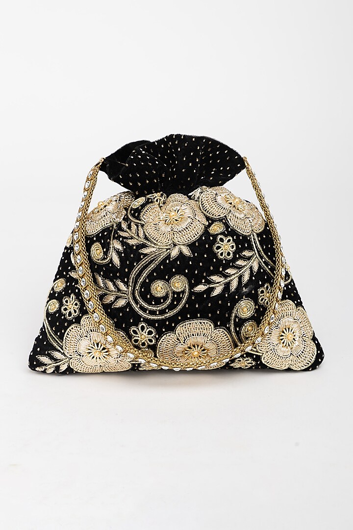 Black Velvet Zardosi Hand Embroidered Potli Bag by EENA at Pernia's Pop Up Shop