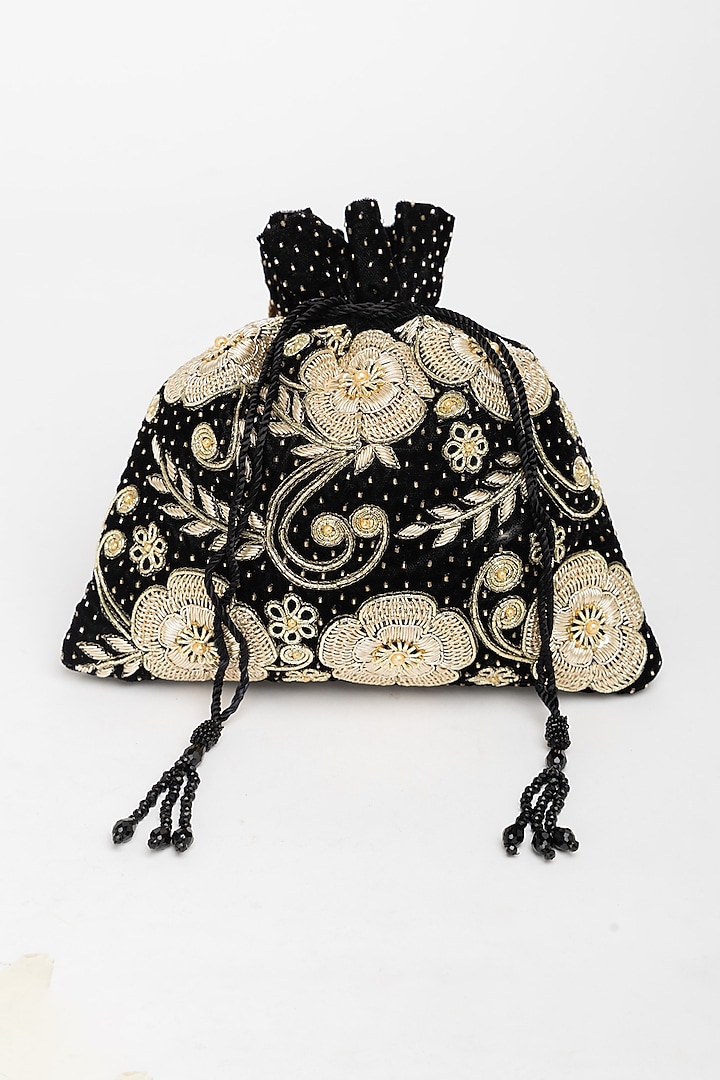 Black Velvet Zardosi Hand Embroidered Potli Bag by EENA at Pernia's Pop Up Shop