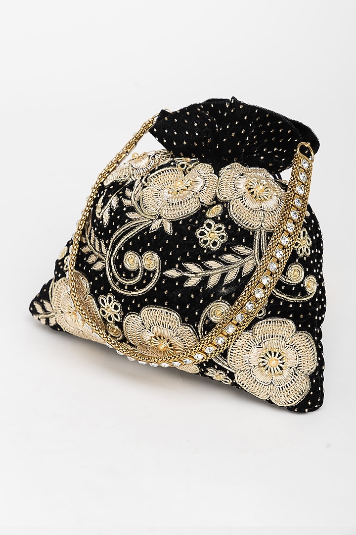 Black Velvet Zardosi Hand Embroidered Potli Bag by EENA at Pernia's Pop Up Shop