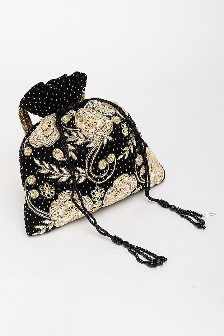 Black Velvet Zardosi Hand Embroidered Potli Bag by EENA at Pernia's Pop Up Shop