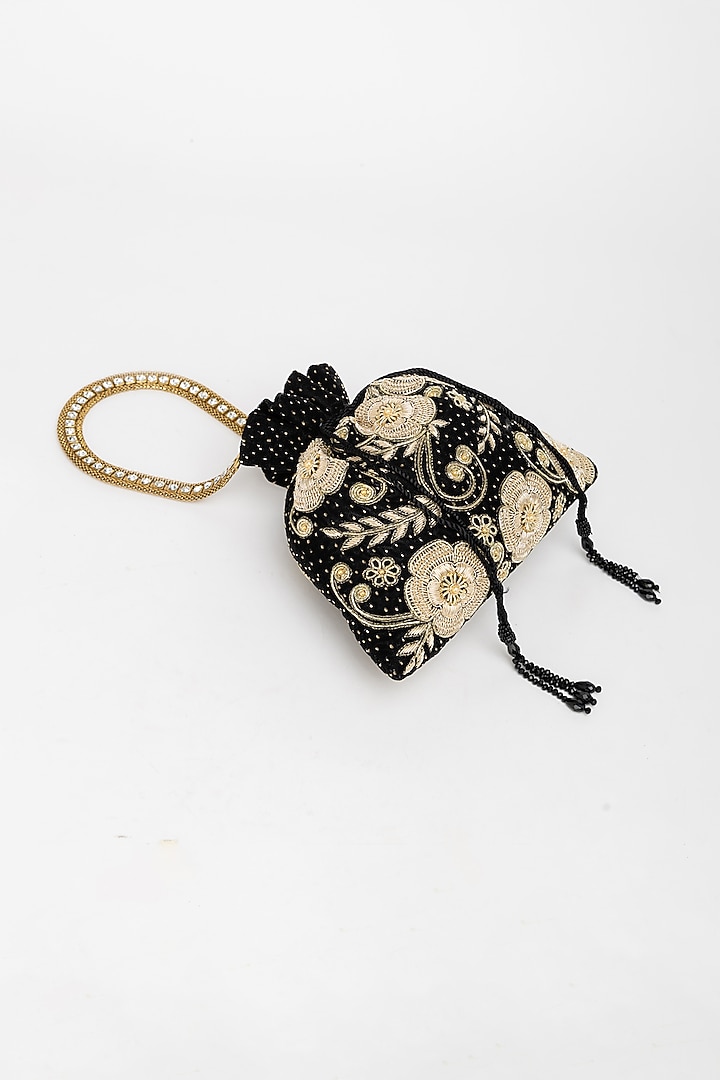 Black Velvet Zardosi Hand Embroidered Potli Bag by EENA at Pernia's Pop Up Shop