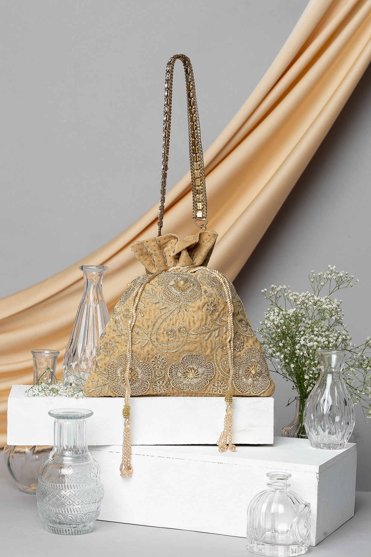 Gold Velvet Zardosi Hand Embroidered Potli Bag by EENA at Pernia's Pop Up Shop