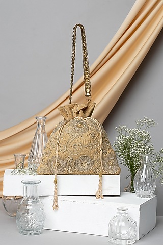 Gold Velvet Zardosi Hand Embroidered Potli Bag by EENA