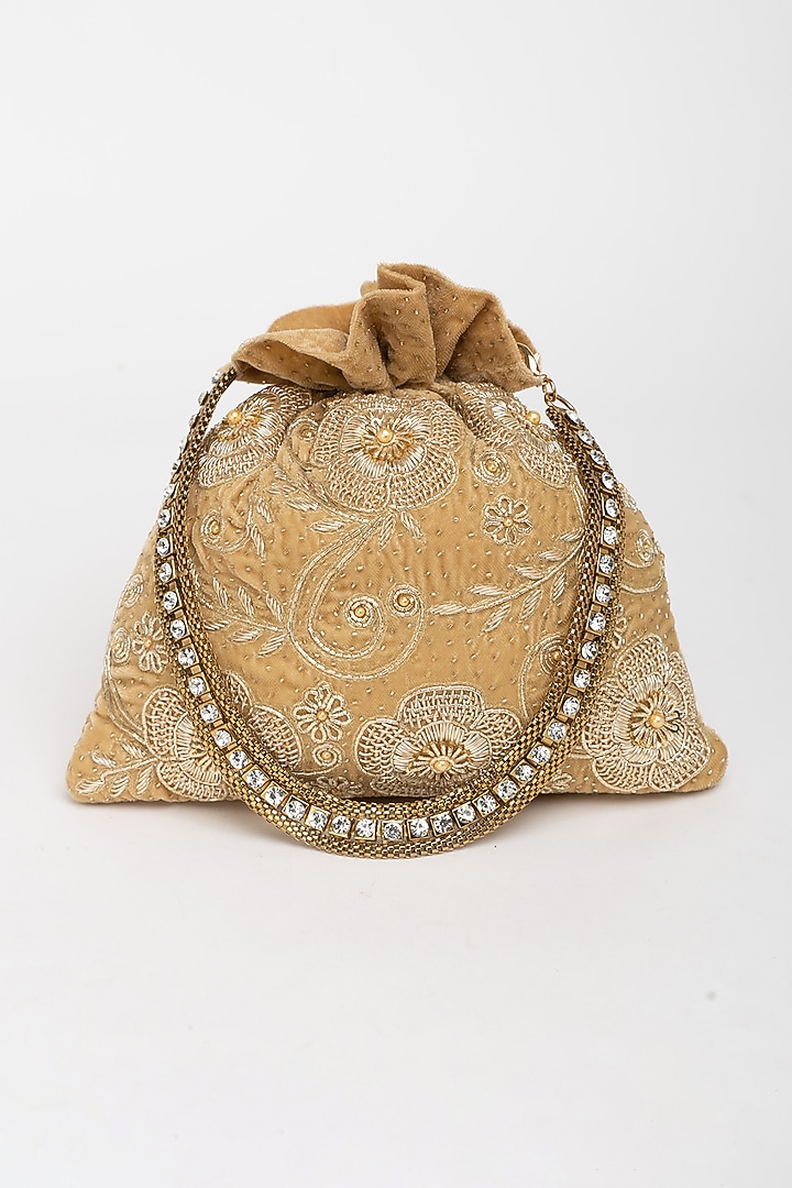 Gold Velvet Zardosi Hand Embroidered Potli Bag by EENA at Pernia's Pop Up Shop