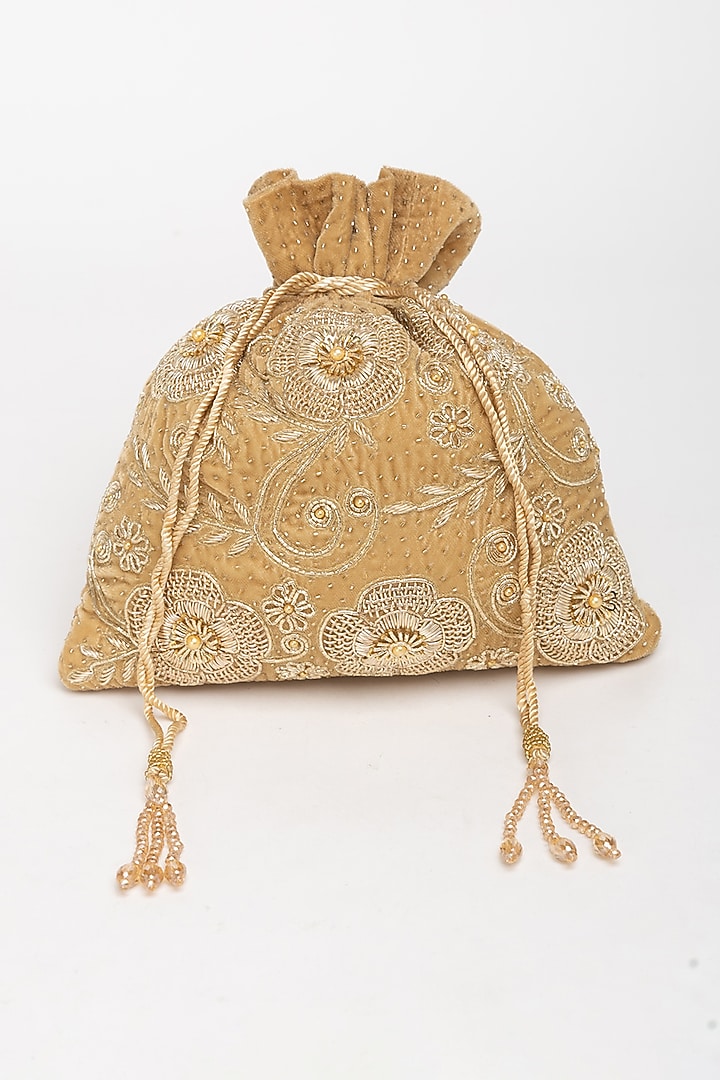 Gold Velvet Zardosi Hand Embroidered Potli Bag by EENA at Pernia's Pop Up Shop