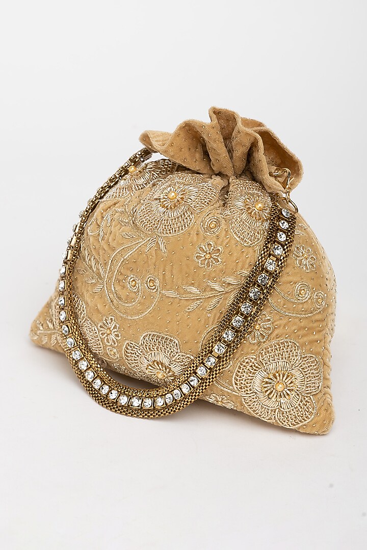Gold Velvet Zardosi Hand Embroidered Potli Bag by EENA at Pernia's Pop Up Shop