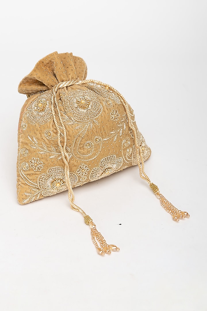 Gold Velvet Zardosi Hand Embroidered Potli Bag by EENA at Pernia's Pop Up Shop
