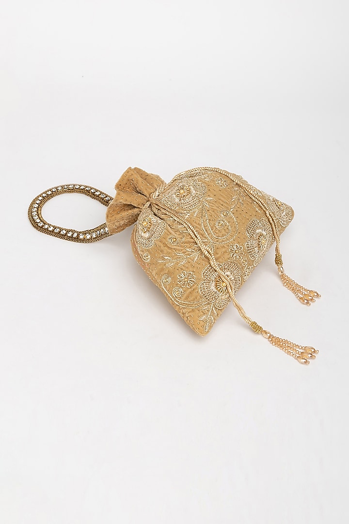 Gold Velvet Zardosi Hand Embroidered Potli Bag by EENA at Pernia's Pop Up Shop