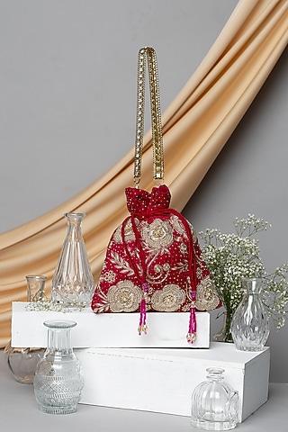 Red Velvet Zardosi Hand Embroidered Potli Bag by EENA