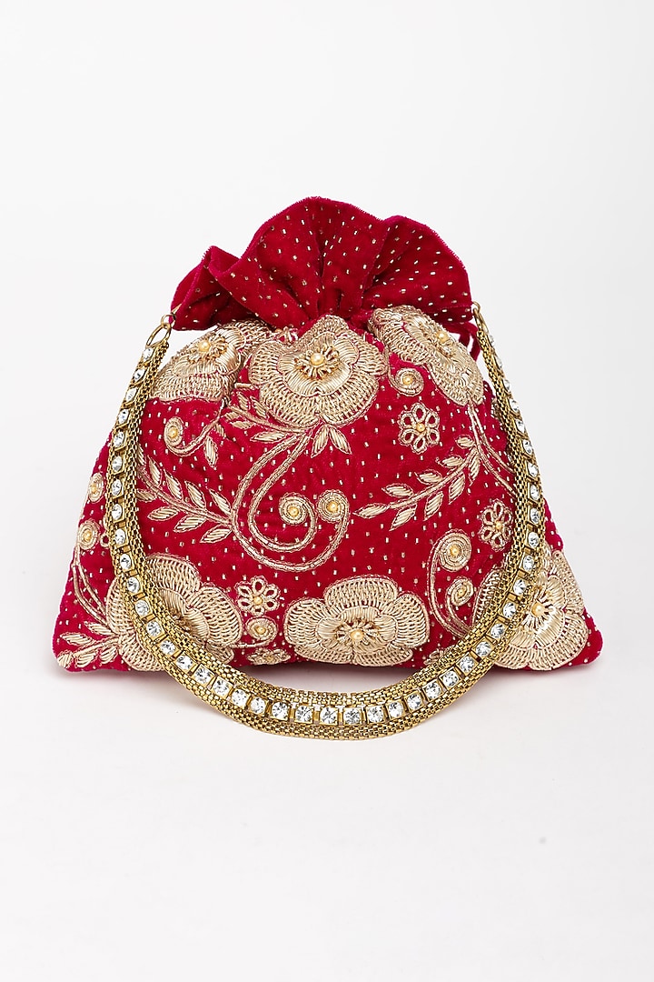 Red Velvet Zardosi Hand Embroidered Potli Bag by EENA at Pernia's Pop Up Shop