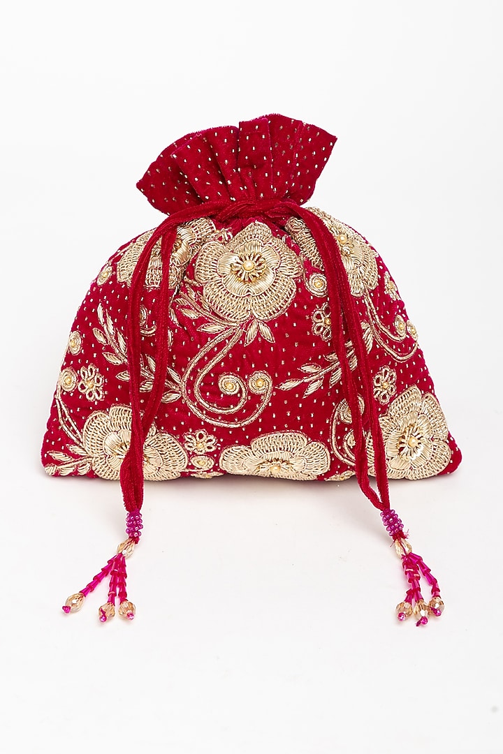 Red Velvet Zardosi Hand Embroidered Potli Bag by EENA at Pernia's Pop Up Shop