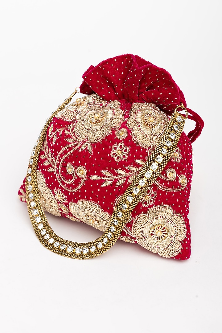 Red Velvet Zardosi Hand Embroidered Potli Bag by EENA at Pernia's Pop Up Shop