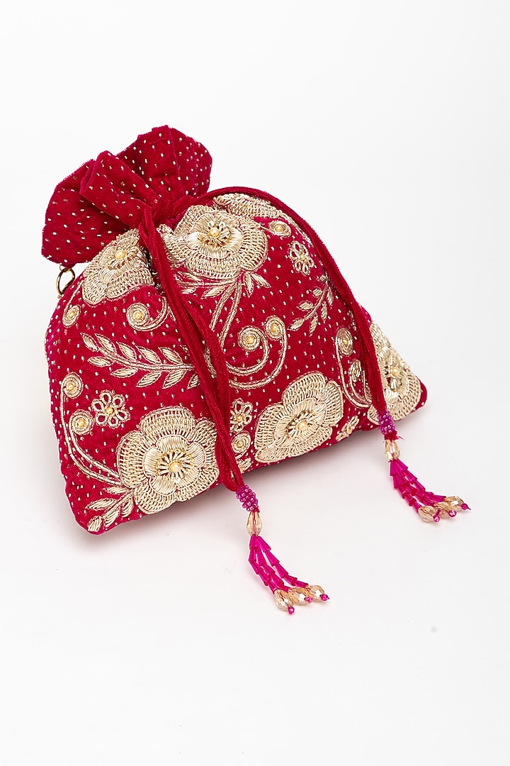 Red Velvet Zardosi Hand Embroidered Potli Bag by EENA at Pernia's Pop Up Shop
