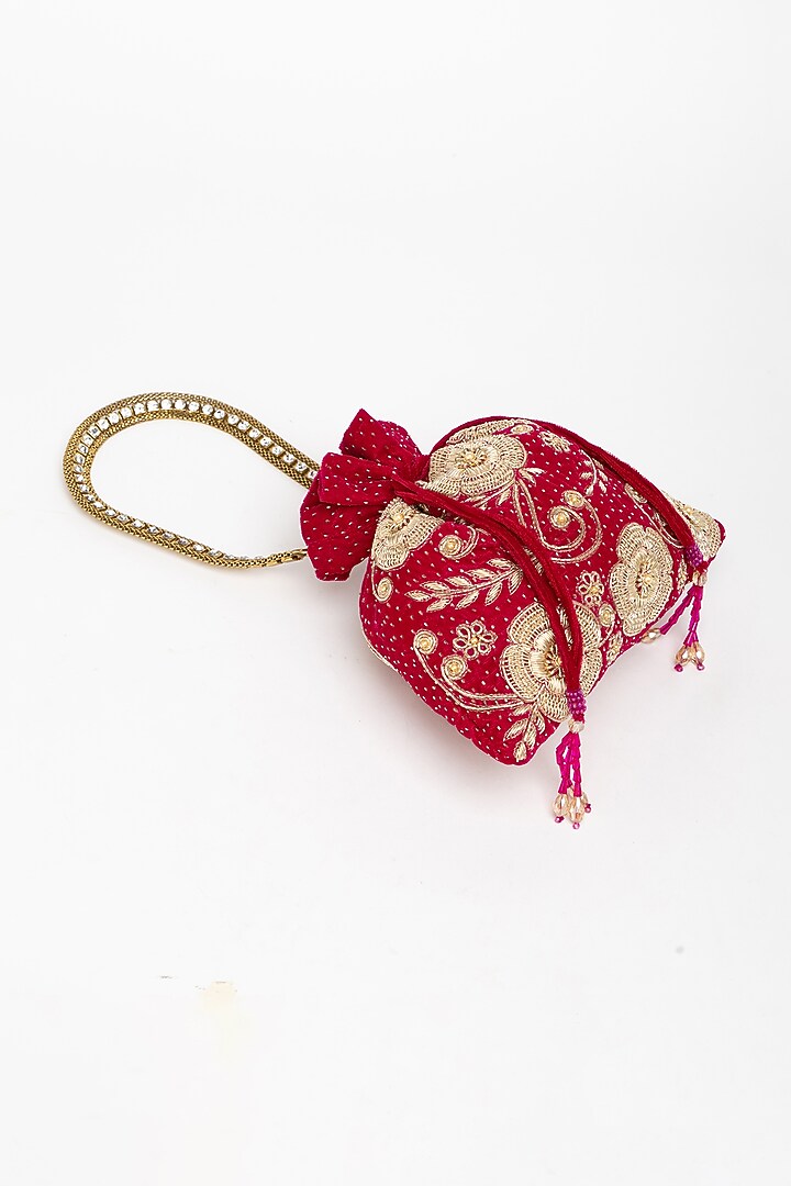 Red Velvet Zardosi Hand Embroidered Potli Bag by EENA at Pernia's Pop Up Shop