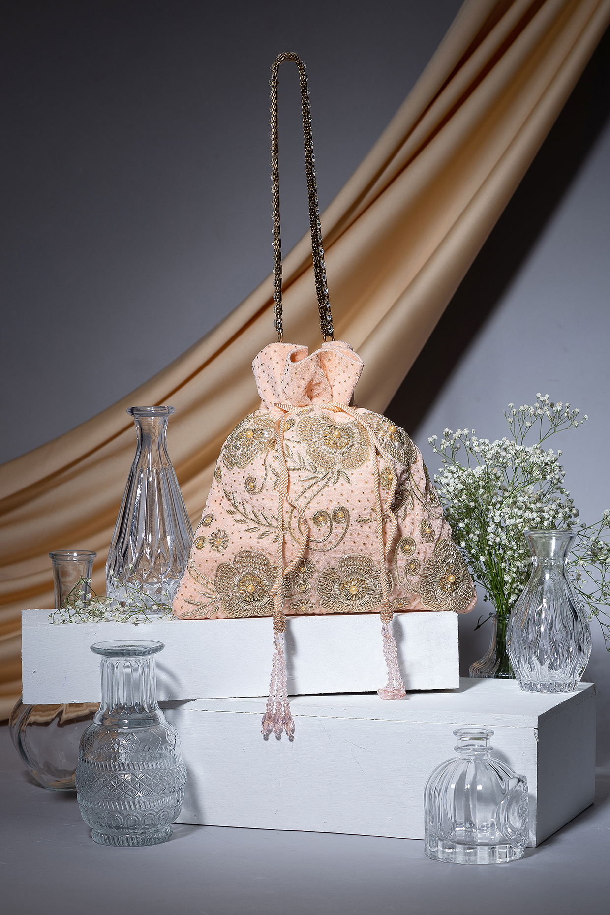 Peach Velvet Zardosi Hand Embroidered Potli Bag by EENA at Pernia's Pop Up Shop