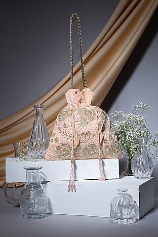 Peach Velvet Zardosi Hand Embroidered Potli Bag by EENA