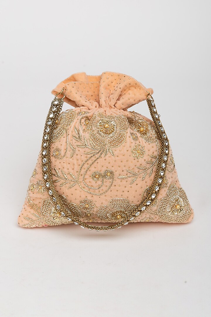 Peach Velvet Zardosi Hand Embroidered Potli Bag by EENA at Pernia's Pop Up Shop