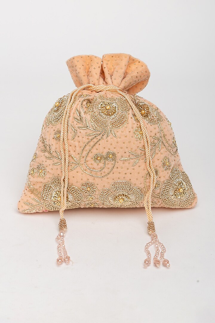 Peach Velvet Zardosi Hand Embroidered Potli Bag by EENA at Pernia's Pop Up Shop