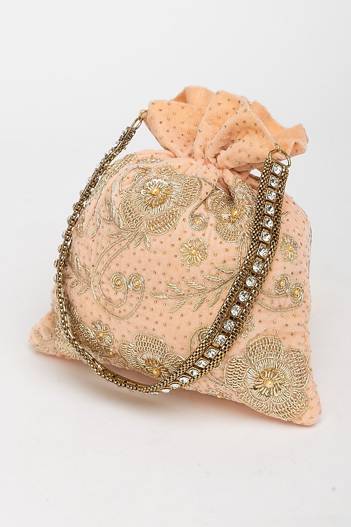 Peach Velvet Zardosi Hand Embroidered Potli Bag by EENA at Pernia's Pop Up Shop