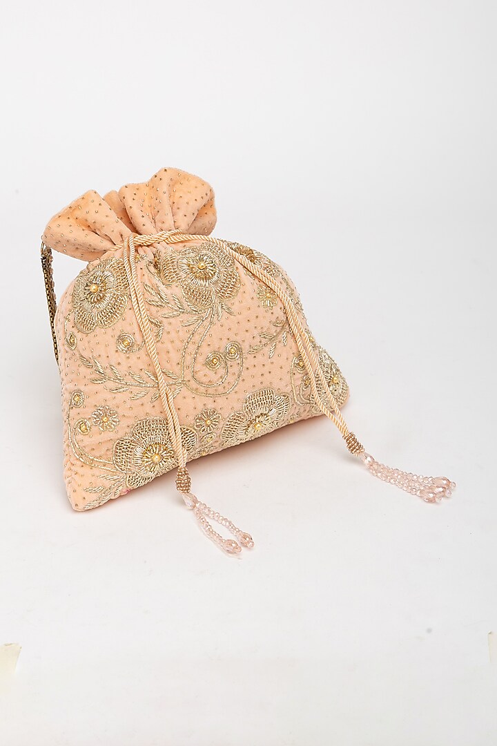 Peach Velvet Zardosi Hand Embroidered Potli Bag by EENA at Pernia's Pop Up Shop