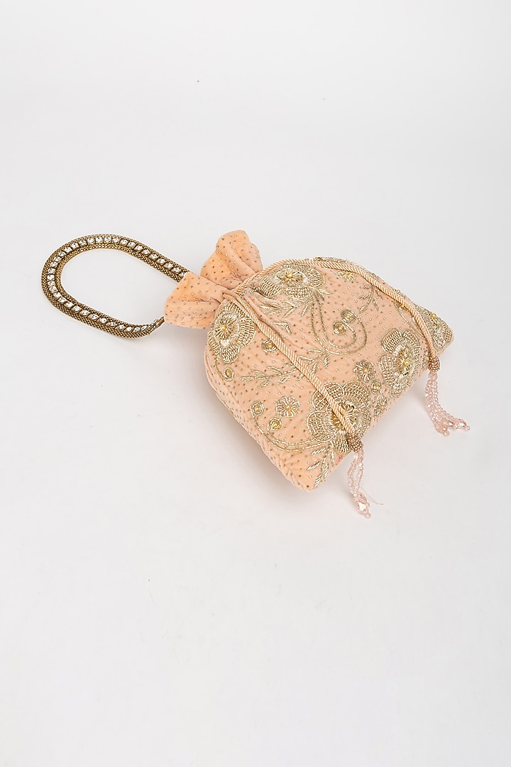 Peach Velvet Zardosi Hand Embroidered Potli Bag by EENA at Pernia's Pop Up Shop