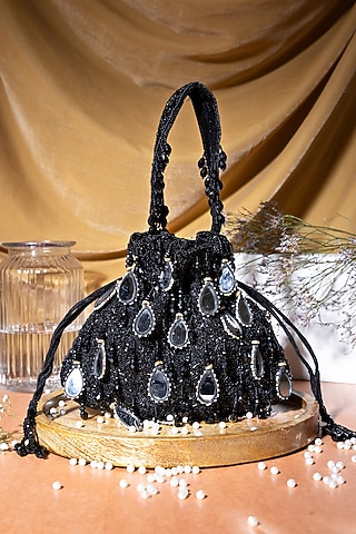 Black Velvet Mirror Embellished Potli Bag by EENA