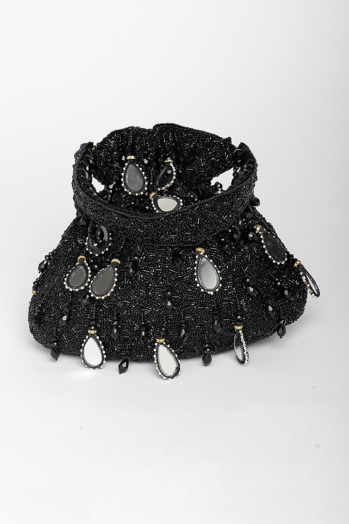 Black Velvet Mirror Embellished Potli Bag by EENA at Pernia's Pop Up Shop