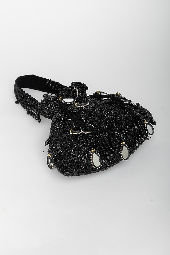 Black Velvet Mirror Embellished Potli Bag by EENA at Pernia's Pop Up Shop