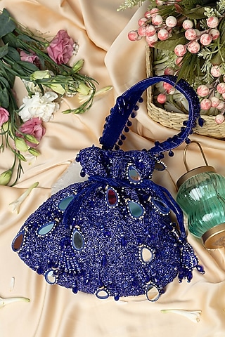 Blue Velvet Mirror Embellished Potli Bag by EENA