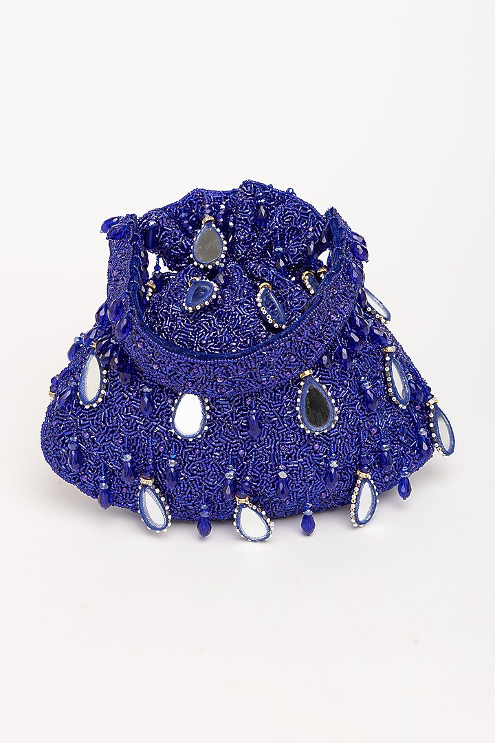 Blue Velvet Mirror Embellished Potli Bag by EENA at Pernia's Pop Up Shop