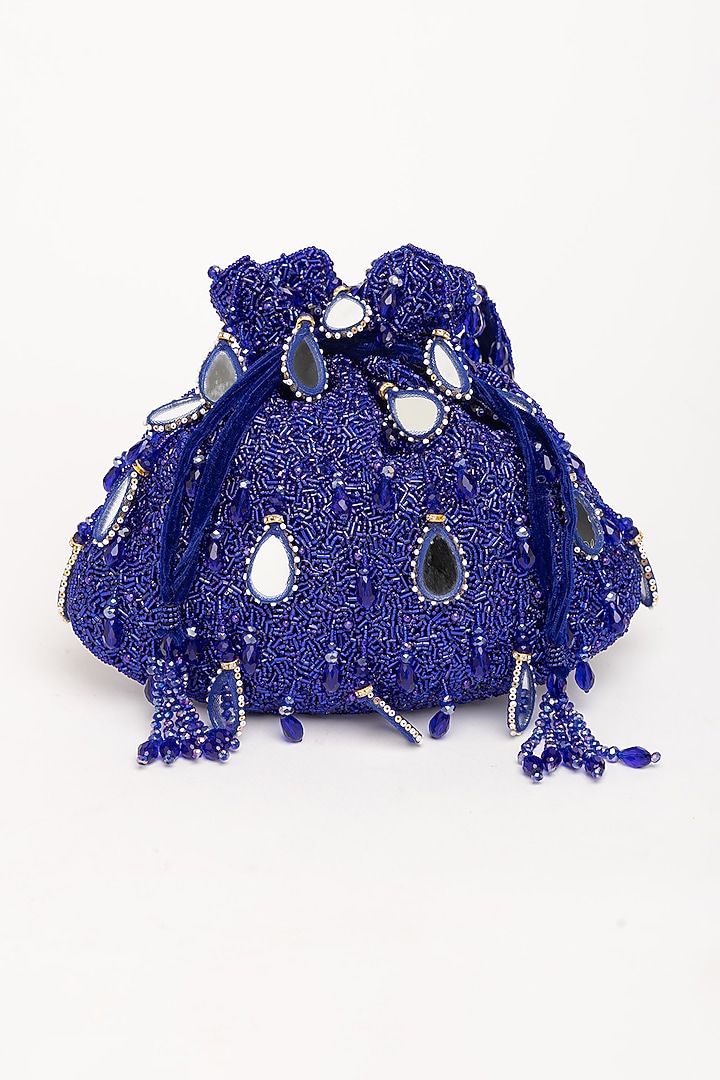 Blue Velvet Mirror Embellished Potli Bag by EENA at Pernia's Pop Up Shop