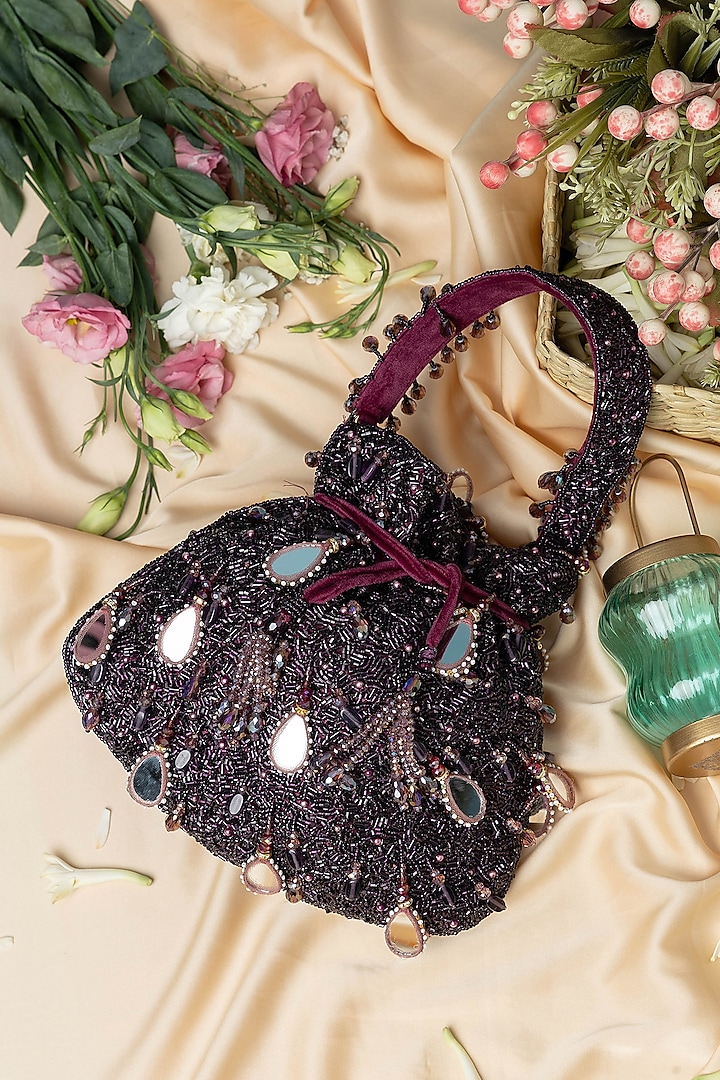 Wine Velvet Mirror Embellished Potli Bag by EENA at Pernia's Pop Up Shop