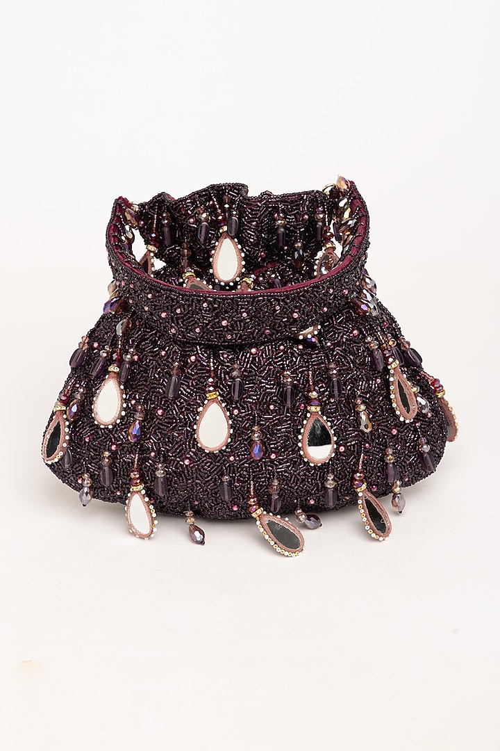 Wine Velvet Mirror Embellished Potli Bag by EENA at Pernia's Pop Up Shop