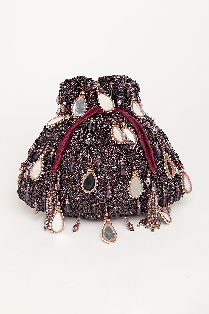 Wine Velvet Mirror Embellished Potli Bag by EENA at Pernia's Pop Up Shop