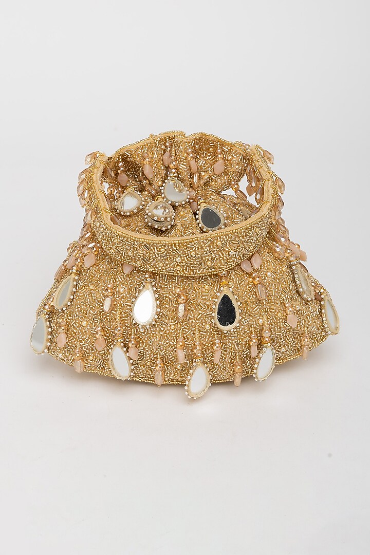 Gold Velvet Mirror Embellished Potli Bag by EENA at Pernia's Pop Up Shop