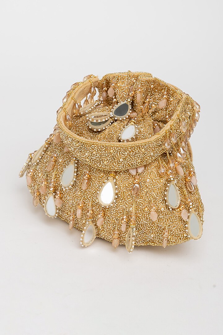 Gold Velvet Mirror Embellished Potli Bag by EENA at Pernia's Pop Up Shop