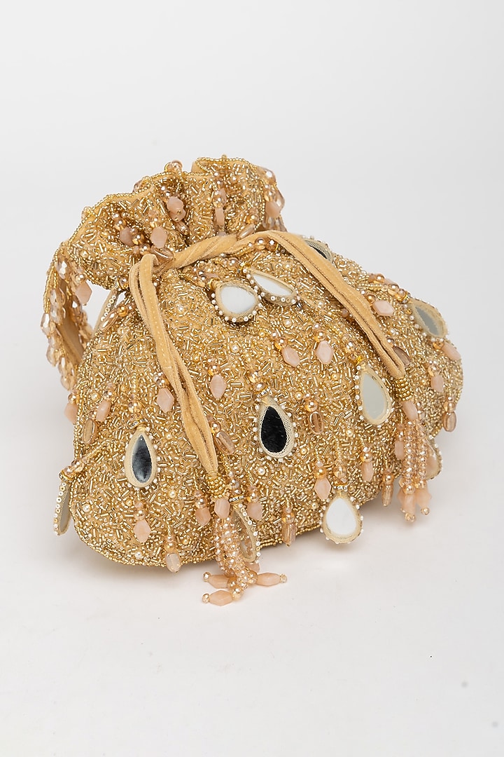 Gold Velvet Mirror Embellished Potli Bag by EENA at Pernia's Pop Up Shop