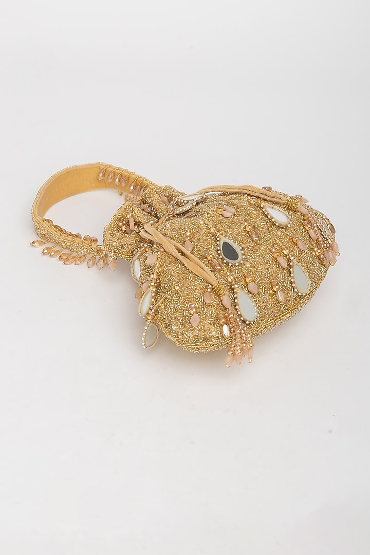Gold Velvet Mirror Embellished Potli Bag by EENA at Pernia's Pop Up Shop