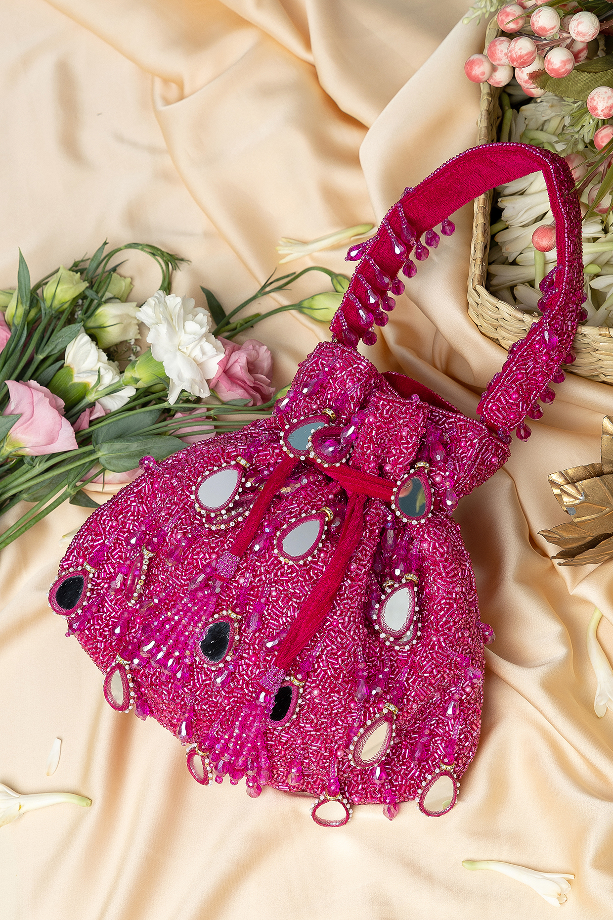Magenta Velvet Mirror Embellished Potli Bag by EENA at Pernia's Pop Up Shop