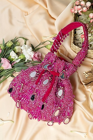 Magenta Velvet Mirror Embellished Potli Bag by EENA