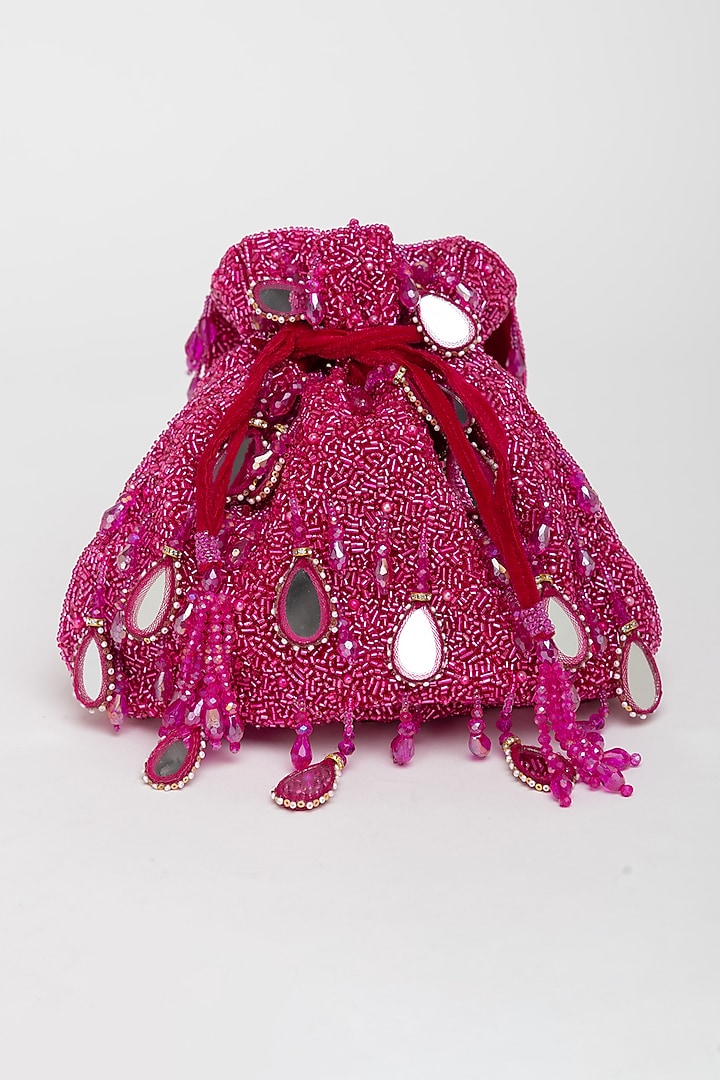 Magenta Velvet Mirror Embellished Potli Bag by EENA at Pernia's Pop Up Shop