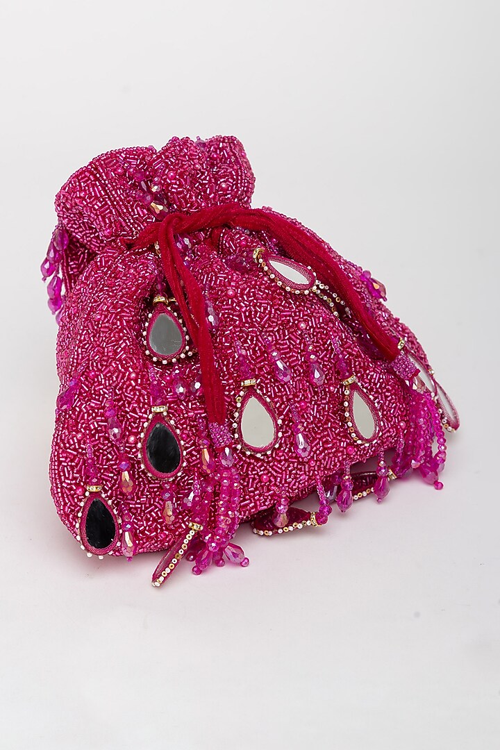 Magenta Velvet Mirror Embellished Potli Bag by EENA at Pernia's Pop Up Shop