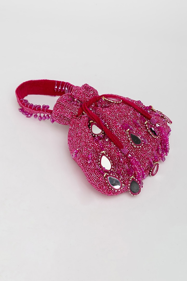 Magenta Velvet Mirror Embellished Potli Bag by EENA at Pernia's Pop Up Shop