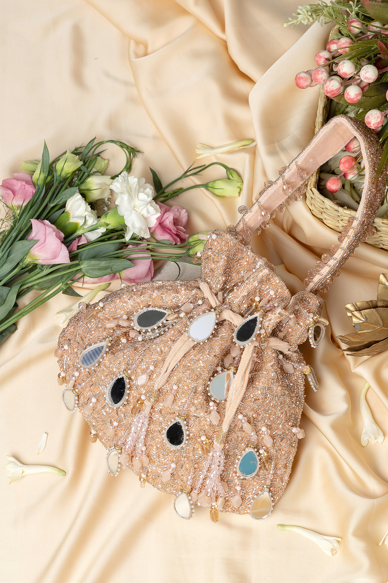 Pink Velvet Mirror Embellished Potli Bag by EENA at Pernia's Pop Up Shop