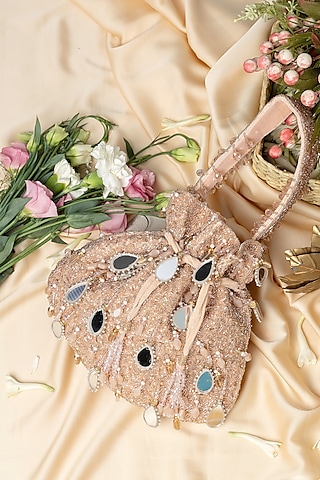 Pink Velvet Mirror Embellished Potli Bag by EENA
