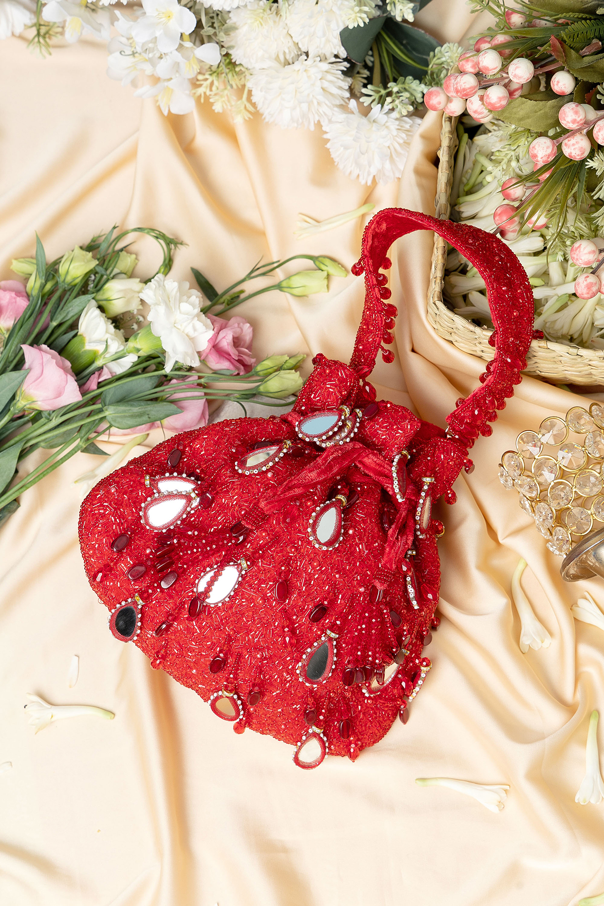 Red Velvet Mirror Embellished Potli Bag by EENA at Pernia's Pop Up Shop