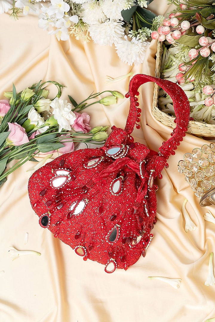 Red Velvet Mirror Embellished Potli Bag by EENA at Pernia's Pop Up Shop
